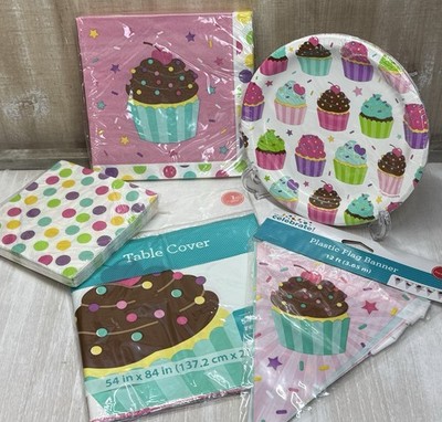 CUPCAKE Sweet Treats Party Supplies Plates Napkins Banner 10 GUESTS NEW