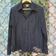 Notations Womens Vtg Y2K Whimsigoth Fairy Sheer Black Button-Up Top L Lace Trim