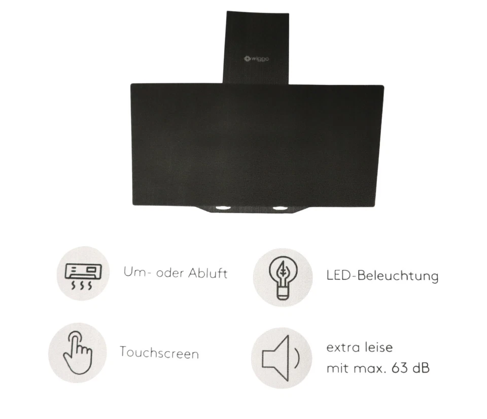 Wiggo 60 cm Kopffrei Dunstabzugshaube Schwarz | Schräghaube mit Touch-Steuerung,