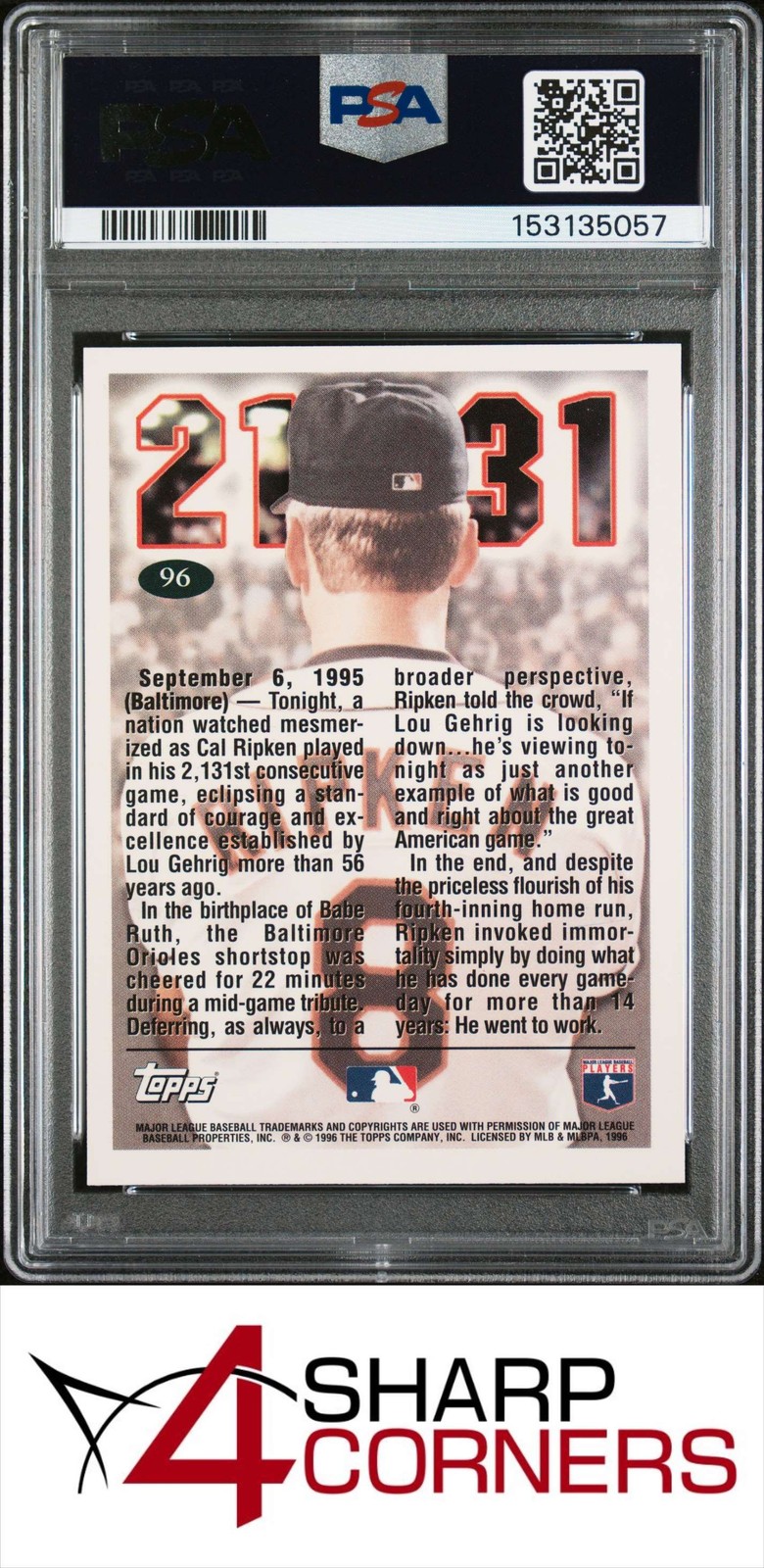 1996 TOPPS #96 CAL RIPKEN JR. ORIOLES HOF TRIBUTE CARD PSA 10 view 2