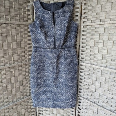 David Meister Navy White Tweed Sheath Dress Vegan Leather Trim Sleeveless Sz 6