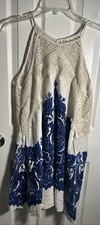 Indigo Rose Beige Blue Paisley Crochet Lace Dress Boho Festival Peasant Size M
