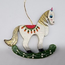 Vintage Wooden Rocking Horse Christmas Ornament 3.75" Hand Painted