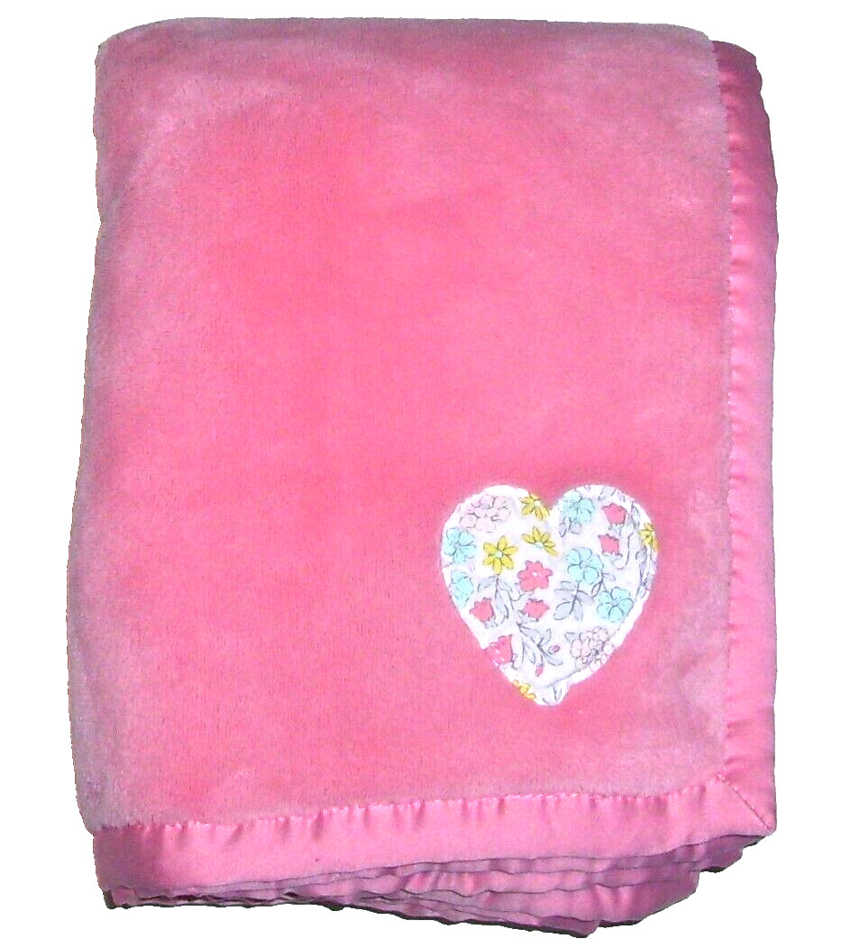 Carters Coral Pink Floral Heart Applique Baby Blanket Plush Satin Trim 30x40