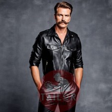 MENS GENUINE SOFT LEATHER CATSUIT FRONT ZIPPER OVERALL BODYSUIT JUMPSUIT BLACK