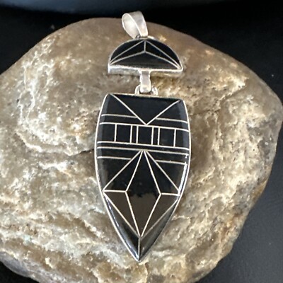 Navajo Gorgeous Black Onyx Sterling Silver Inlay Pendant 2.75'' 15175