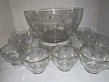 Glass Punch Bowl Set With Base & 12 Cups Glasses Leaf Pattern Gold Rim Vintage