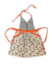 VTG Linen Navy Blue Stripped Buttoned Pocketed Black White Dogs Design Apron