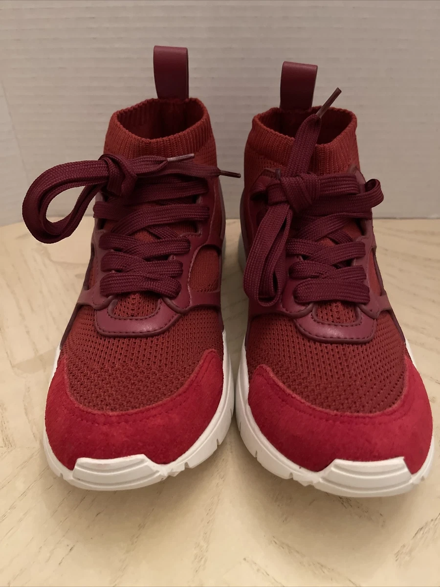 VALENTINO RED MESH BURGUNDY SUEDE LEATHER ROCKSTUD HI TOP SOCK