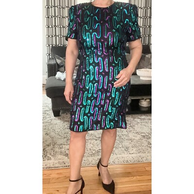 VTG Eves Allure Sequin Beaded Black Silk Short Sleeve Cocktail Party Dress L