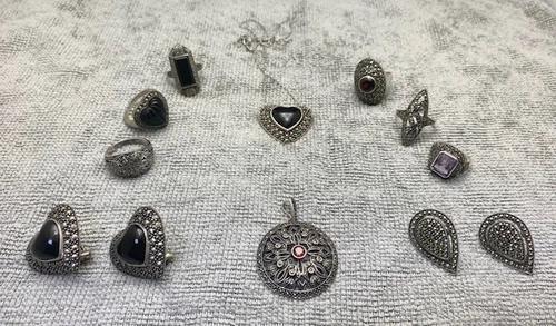 Judith Jack Vintage Sterling Silver Marcasite Ring Earring Charm (12 piece Lot)