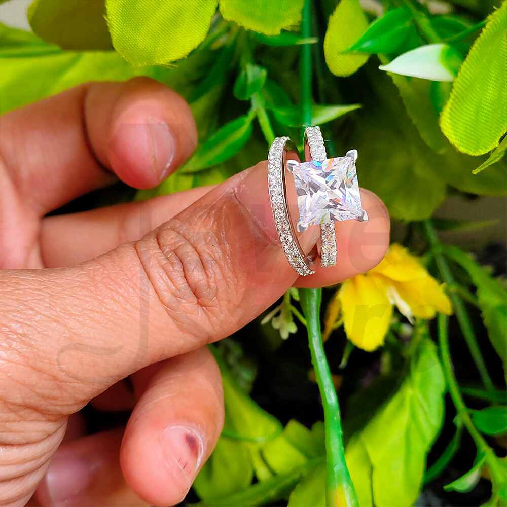 Princess Diamond Engagement Bridal Ring Set 14K Solid White - Main Image