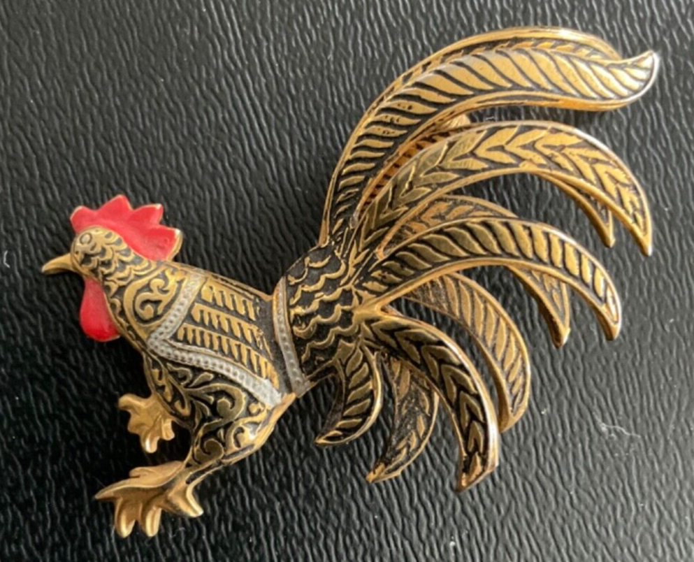 Vintage signed Spain Damascene Rooster Brooch Pin