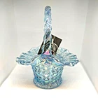 NOS FENTON Art Glass 2001 Ice Blue Pearl Iridescent Daisy Button BASKET 1931 L9