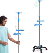 IV Pole with Wheels Tray Stand Portable 4 Hooks 5 Wheels IV Fluid Bag Stand