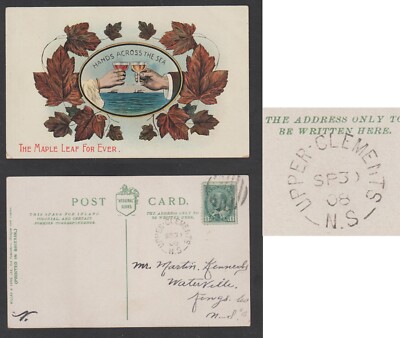 Patriotic Postcard Hands Across The Sea with Upper Clements NS Split Ring Cancel