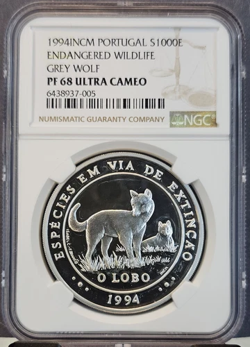 1994 PORTUGAL SILVER 1000 ESCUDOS GREY WOLF NGC PF 68 ULTRA CAMEO SCARCE GEM
