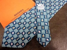 HERMES Neck tie Silk Green Yellow Logo japan seller N1223 14 Made in France