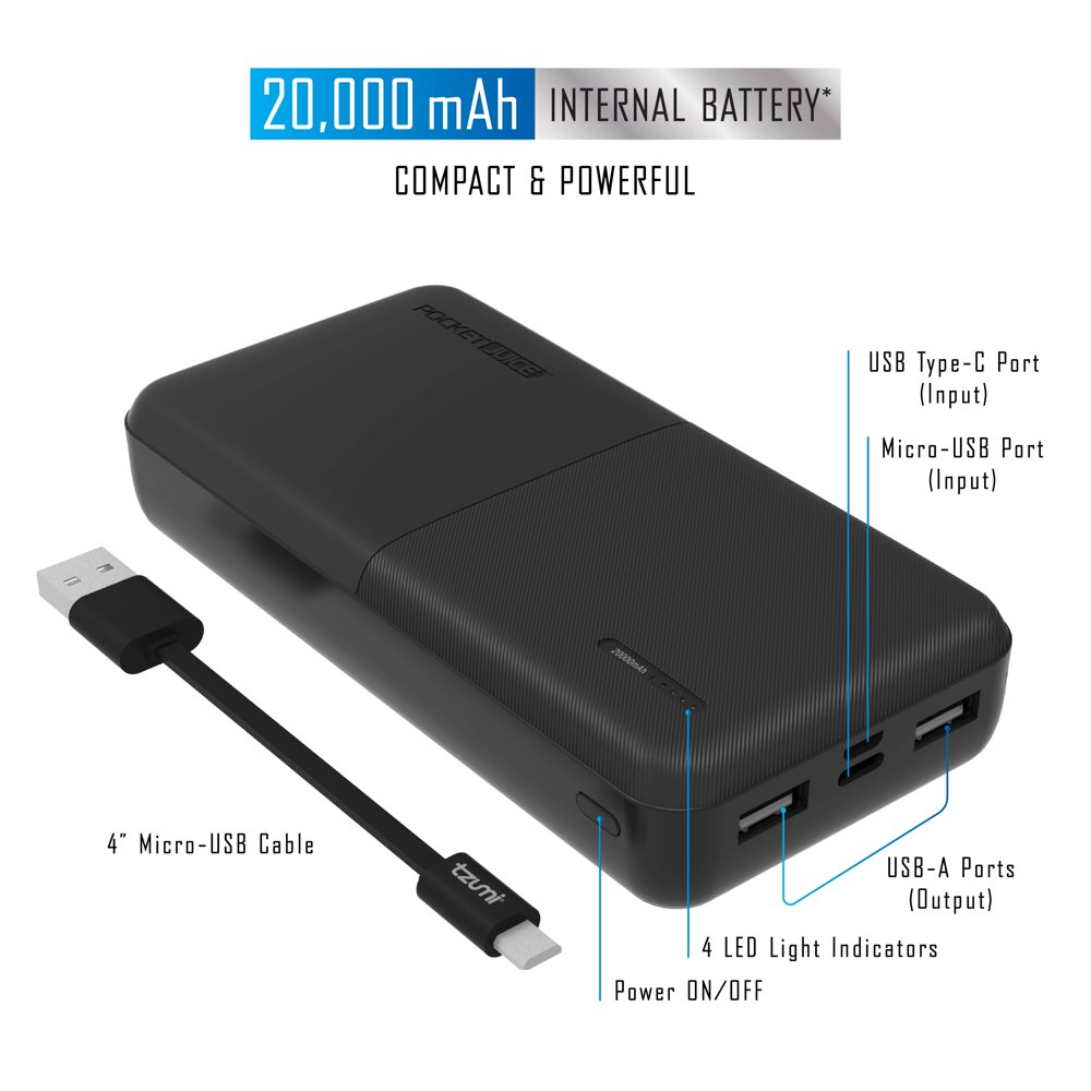 Pocket Juice Slim Pro 20,000Mah Portable Power Bank Charger Dual USB