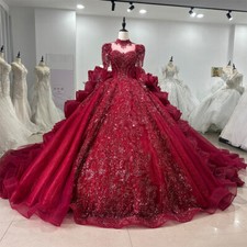 Luxury Red Sequins Wedding Dresses High Neck Ball Gown Lace Applique Bridal Gown