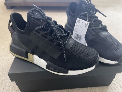 New Adidas NMD R1 V2 Black Metallic Gold Size Youth
