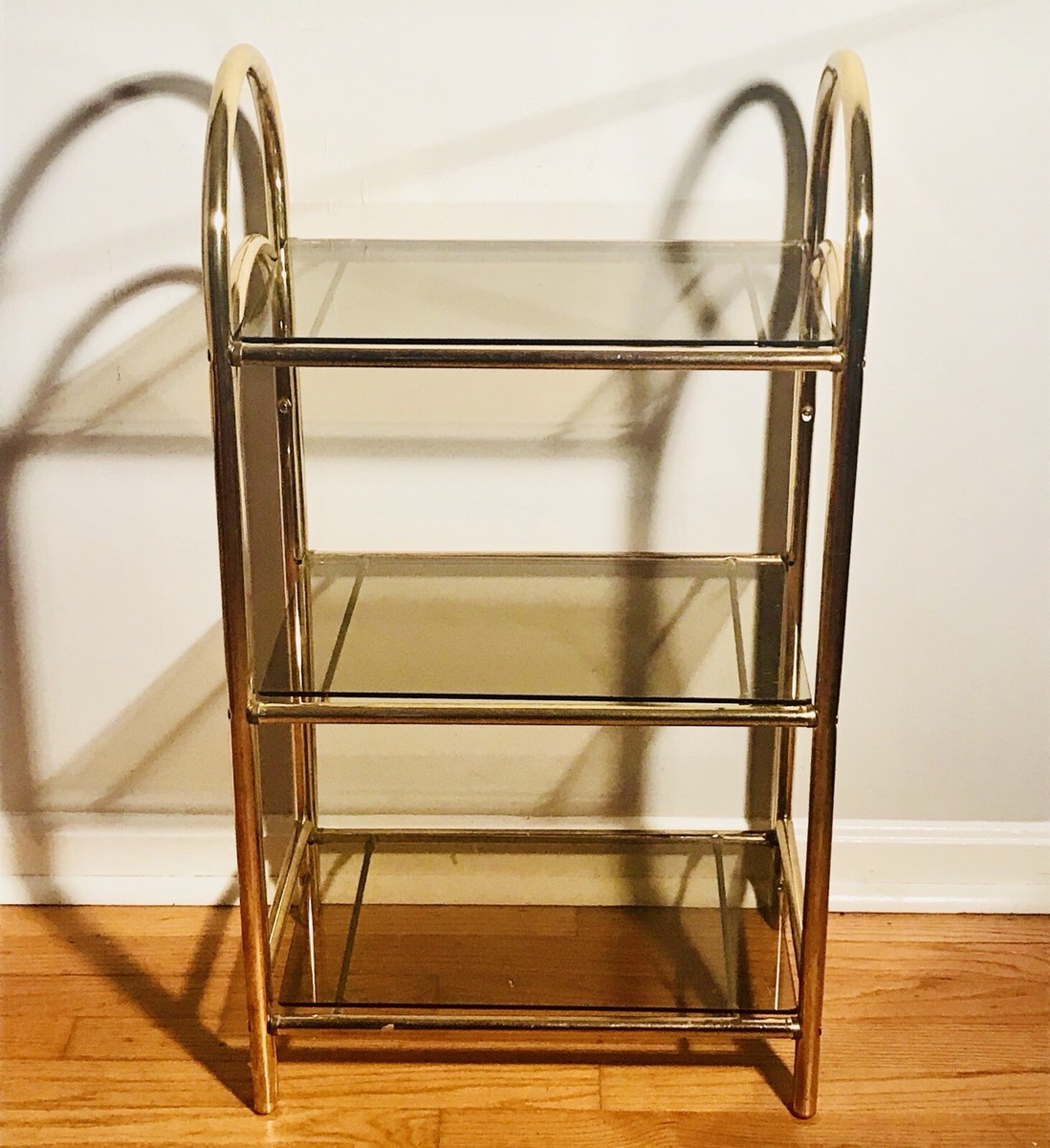 Vintage 80s Shelf Gold Forged Brass 3 Tier Smoked Glass Hollywood