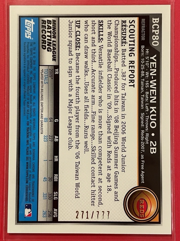 2010 Bowman Chrome Prospects Yen-Wen Kuo Refractor /777 #BCP80 Baseball Reds - Image 2 of 3