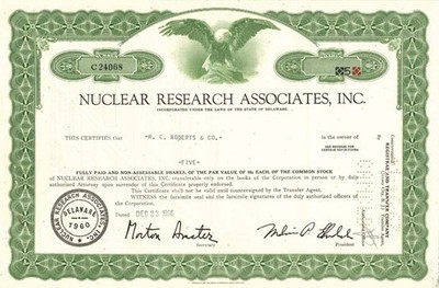 Nuclear Research Associates, Inc. - Stock Certificate - Very Rare Topic - Gene