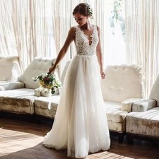 Customized Plus Size Elegant A Line Beach Wedding Dresses V Neck Lace Applique