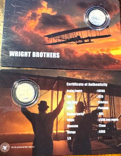 2 WRIGHT BROTHERS 1/500 Oz Platinum Coin 25$ Liberia 2026