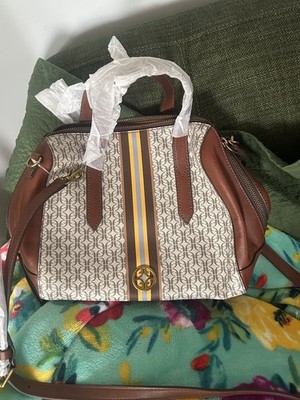 Fossil Sydney Satchel Neutral Stripe Logo crossbody option. Brown