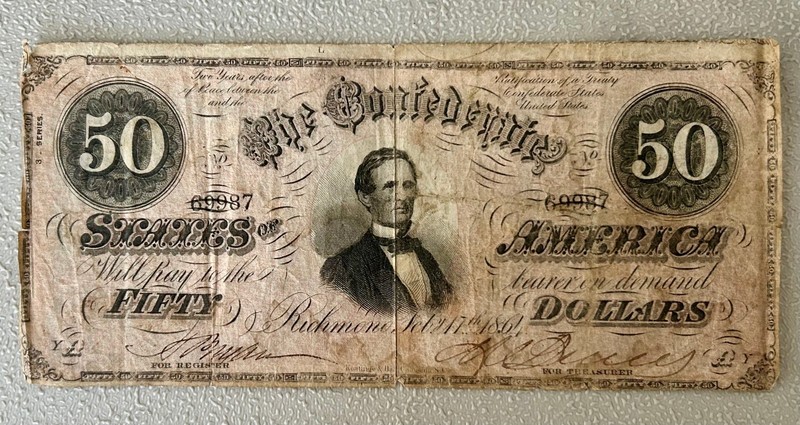 1864 Confederate 50 Dollar Note - Civil War Era Jefferson Davis