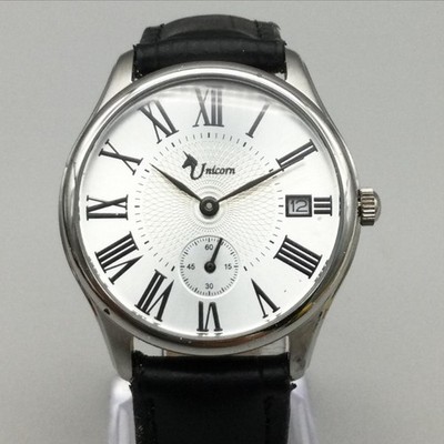Unicorn Mens Watch 34mm Silver Roman Dial Black Leather Date Small Seconds