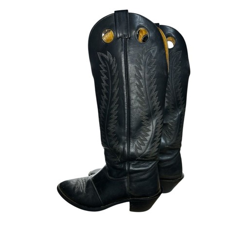 Vintage 1970s Nocona Black Leather Cowboy Boots Mens 9 D USA Made Keyhole Pull, $125