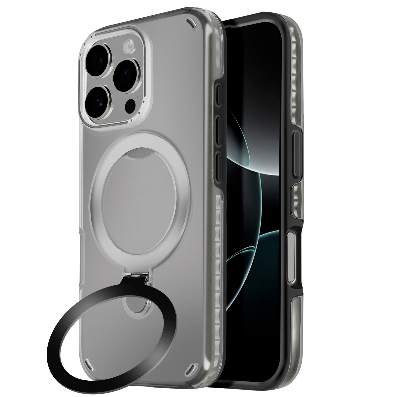 Coque iPhone 16 Pro antichoc avec béquille pour visionnage mains libres en silicone noir