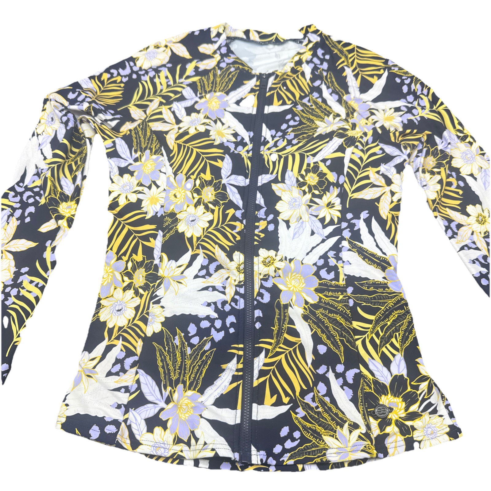 Sunseeker Womens Full Zip Blue Yellow White Long Sleeve Swim Top Sz 4/6 Stretch