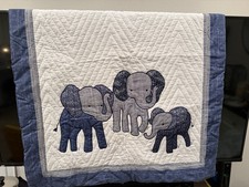 Quilted Elephant Theme Crib Quilt/Coverlet, Unisex, Multicolor Blue Gray White