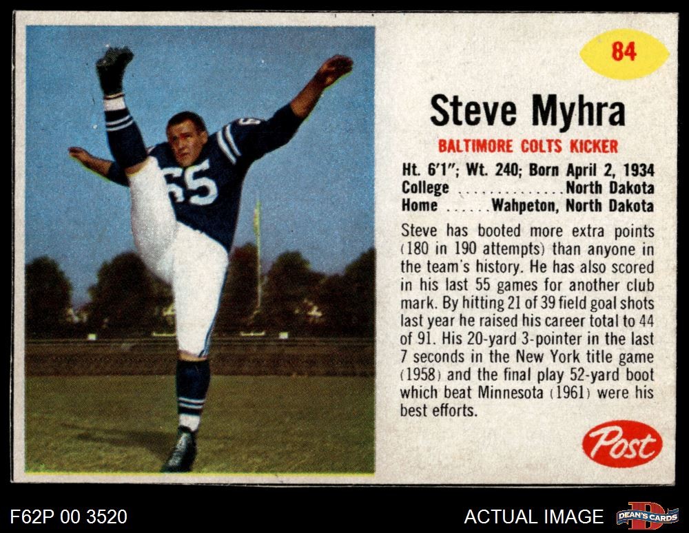 Steve Myhra #84 Football Cards 1962 Post Cereal trading card — raw and PSA graded price guide