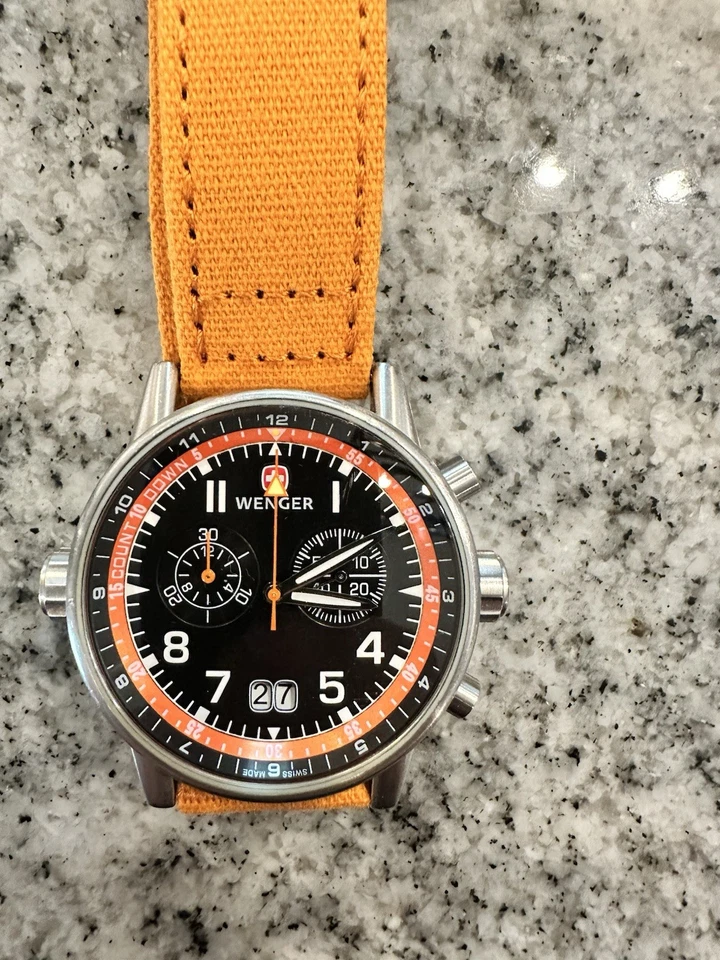 Rare Wenger Commando 7084X Chronograph Date Black & Orange Dial Men's Watch - Image 3 of 4