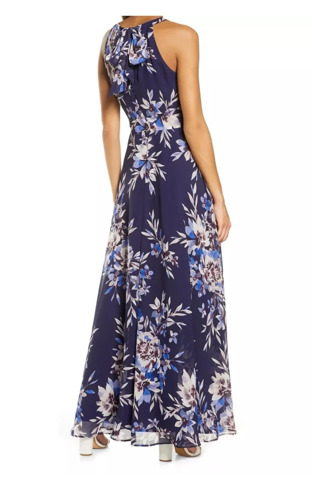 $299 Vestido Maxi Halter Eliza J 8 Madre de la Novia Gasa Azul Marino Floral Cinturón Foto 4 de 4