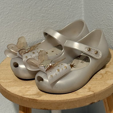 Mini Melissa Girls Silver Mary Jane Flats Stars Bow US 7 EU 22/23