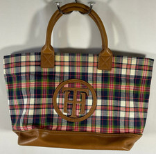 Tommy Hilfiger Plaid Faux Leather Double Handle Purse Tote snap closure