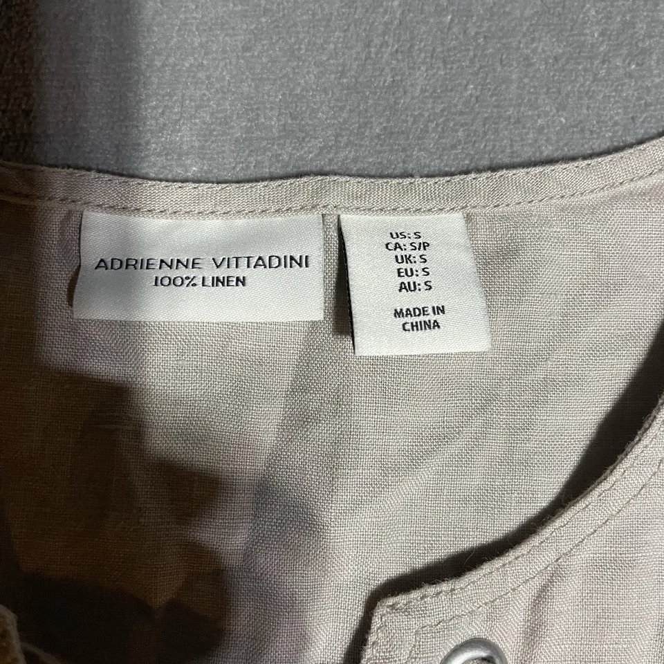 Vestido Adrienne Vittadini de lino para mujer pequeño beige sin mangas con cordones cuello en V Foto 4 de 4