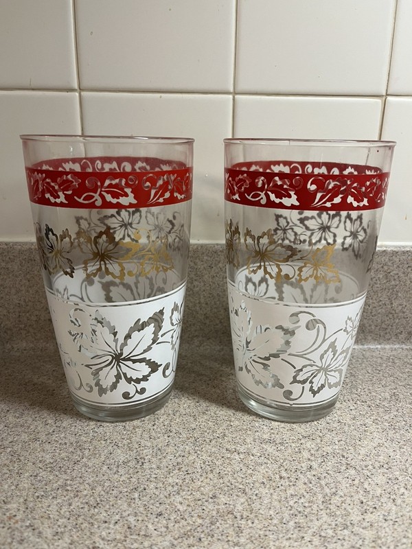 Vintage 2 Hazel Atlas Large 24 oz Red/White/Gold Tumblers Mid-century Modern MCM