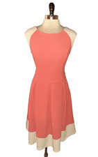 MAGGY LONDON Sz 12 A-Line Dress Coral Ivory Cap Sleeve Stretch Knit Knee Length