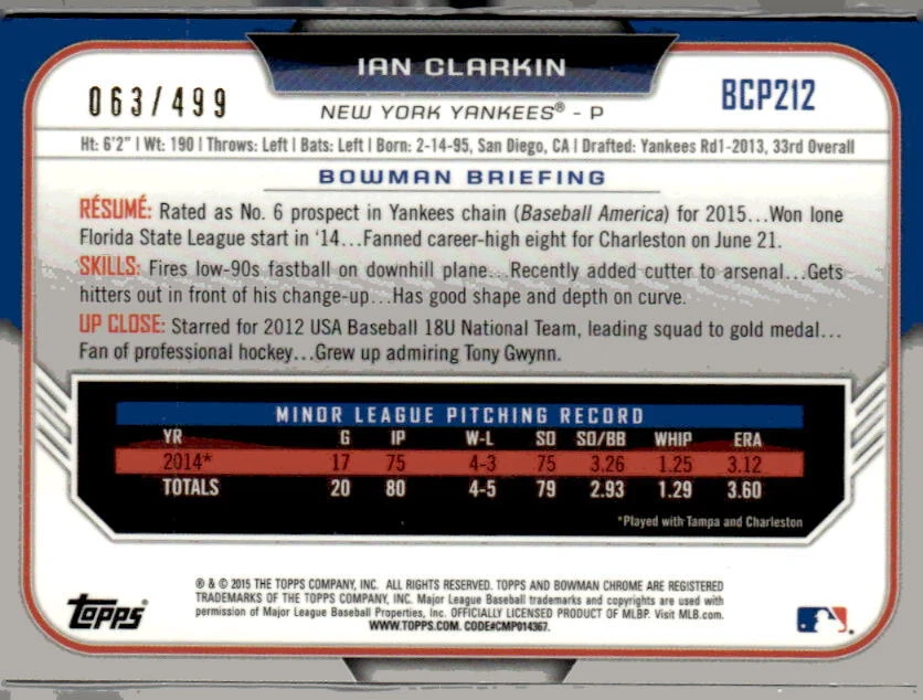 2015 Bowman Chrome #BCP212 Ian Clarkin Prospects Refractors #/499(F) - Image 2 of 2