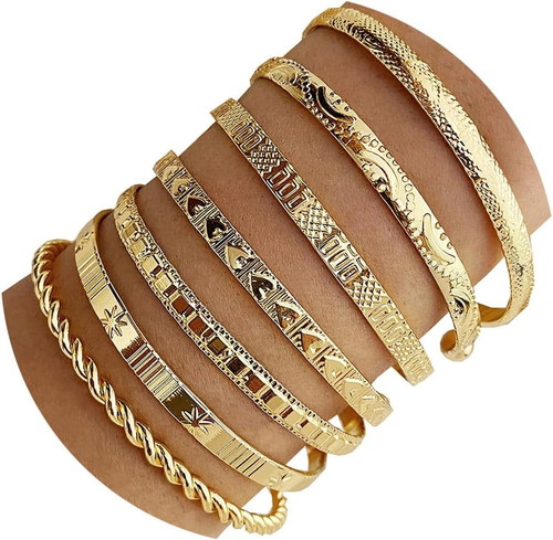 Gold Bangle Bracelets for Women, 14K Gold Plated Multi Layer Cuff Bracelet Set