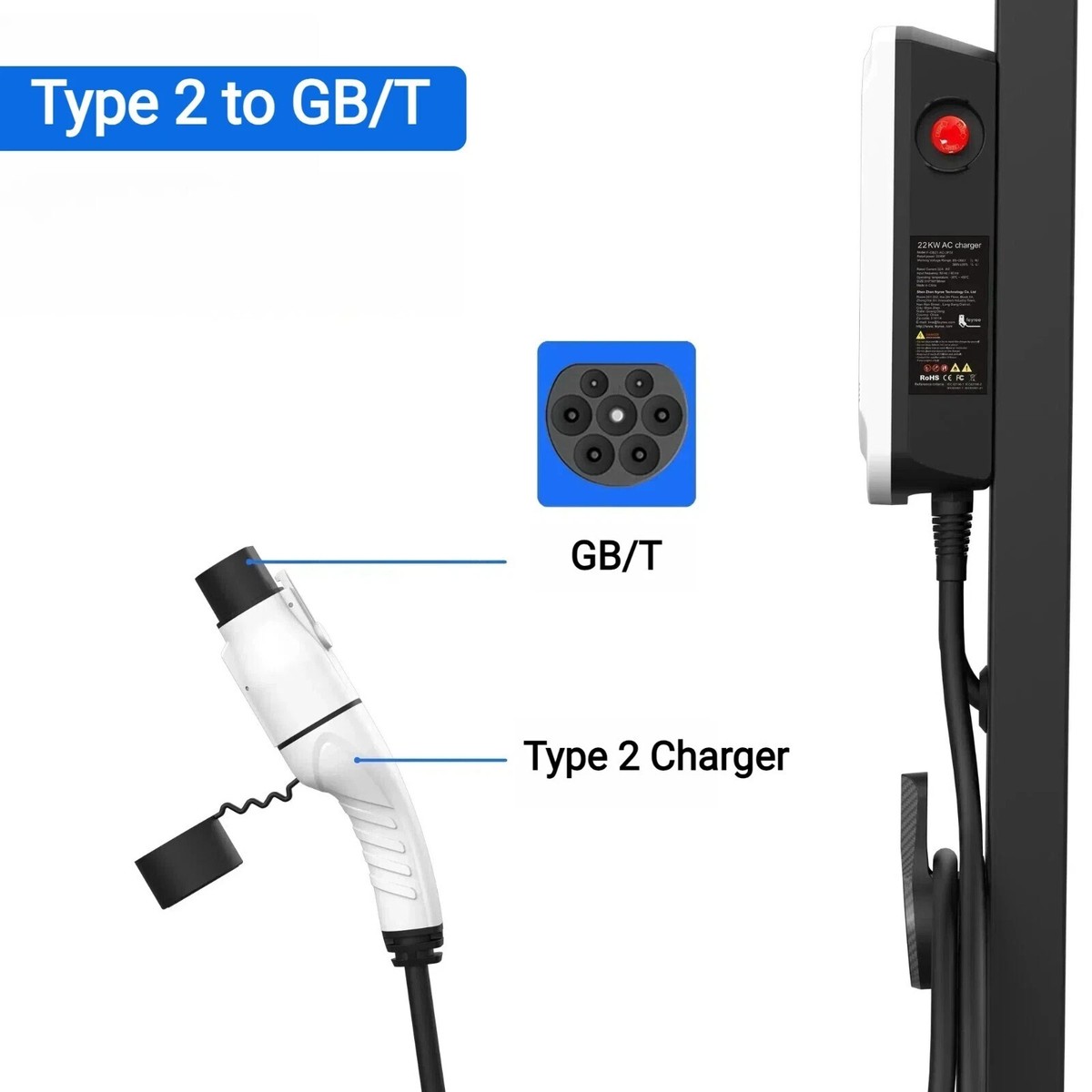 Type 2 To China GB/T EV Charging Adapter – 32A 250V 1-Phase For BYD Et Al.