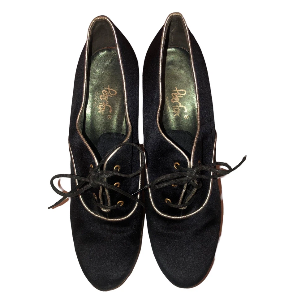 Discoteca anos 60 anos 70 vintage PETER FOX preto prata cetim sapatos plataforma tamanho 7 B - Imagem 3 de 4