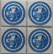 Set of 4 - Natural Stone Ceramic Tile Marble Drink Coasters  - Blue Willow  3C